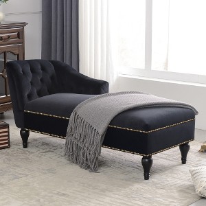 YOOCOZZ Velvet Chaise Lounge Sofa with Nail-head Trim and French-Style Wood swivel Legs - Black - 1 of 4