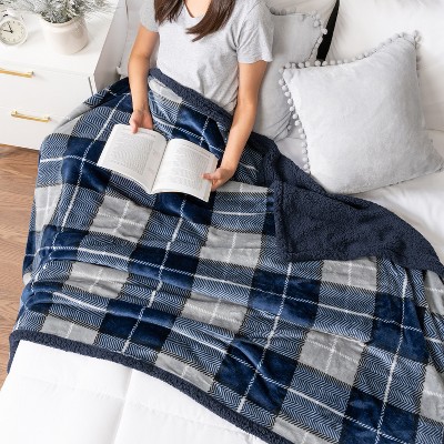 Navy Plaid Reversible Sherpa Fleece Throw Blanket