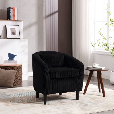 CAVINAS Mid-Century Modern Accent Barrel Chair with Corduroy Upholstery and Wooden Legs, Comfy Single Armchair with Thick Cushions and Pillow