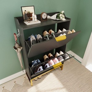 Shoe Cabinet with 2 Flip Drawers - Freestanding Fluted Shoe Storage Organizer with Metal Legs, Slim Hidden Shoe Rack for Entryway Bedroom - 1 of 4