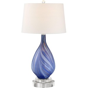 Possini Euro Design Taylor Contemporary Table Lamp with Round Riser 30 1/2" Tall Blue Art Glass White Fabric Drum Shade for Bedroom Living Room Office - 1 of 4