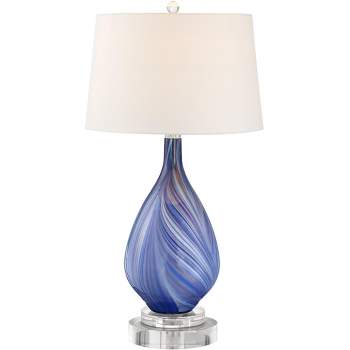 Possini Euro Design Taylor Contemporary Table Lamp with Round Riser 30 1/2" Tall Blue Art Glass White Fabric Drum Shade for Bedroom Living Room Office