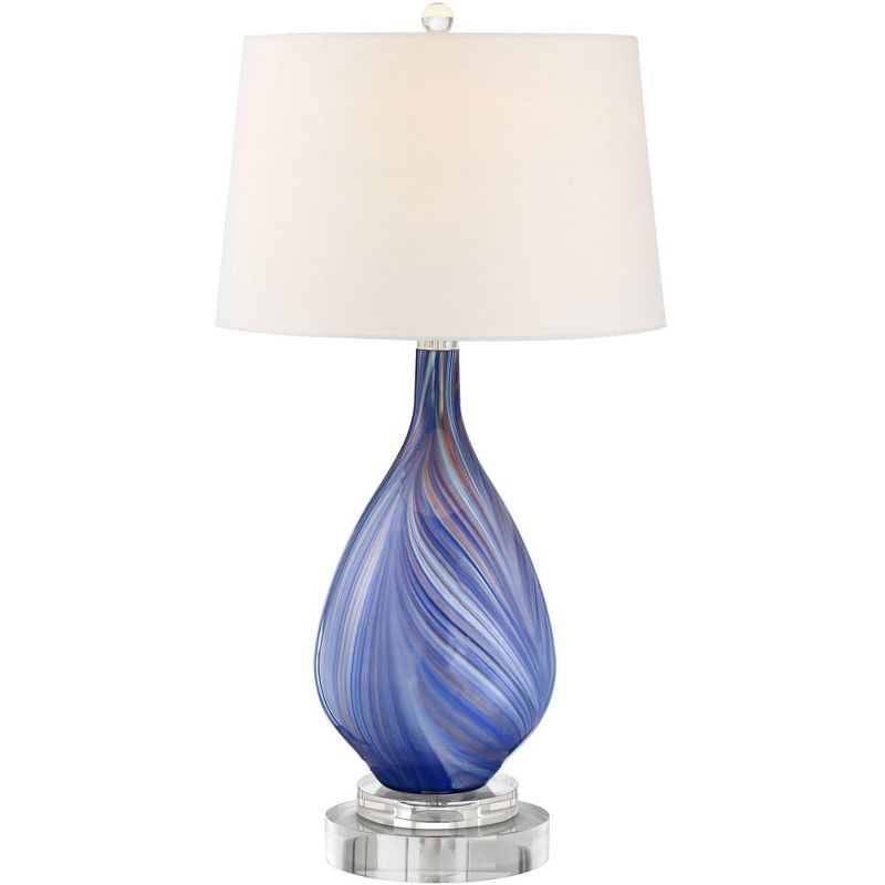 Possini Euro Design Taylor Contemporary Table Lamp with Round Riser 30 1/2" Tall Blue Art Glass White Fabric Drum Shade for Bedroom Living Room Office, 1 of 9