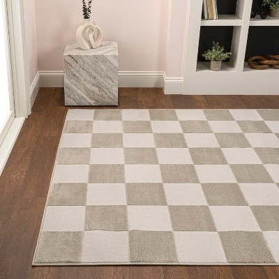 Beige and Cream Geometric Checkerboard 3 x 5 Area Rug