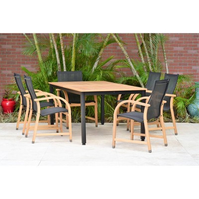 Gables 7pc Teak Finish & Aluminum Rectangular Extendable Patio Dining Set - Black - Amazonia
