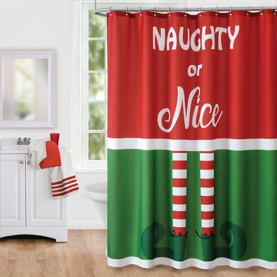 Elf Naughty or Nice Christmas Holiday Fabric Shower Curtain - Red/Green - Elrene Home Fashions