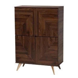 Graceland Wood Shoe Cabinet Walnut Brown/Gold - Baxton Studio: Mid-Century Design, 6 Shelves, Organizes 18 Pairs - 1 of 4