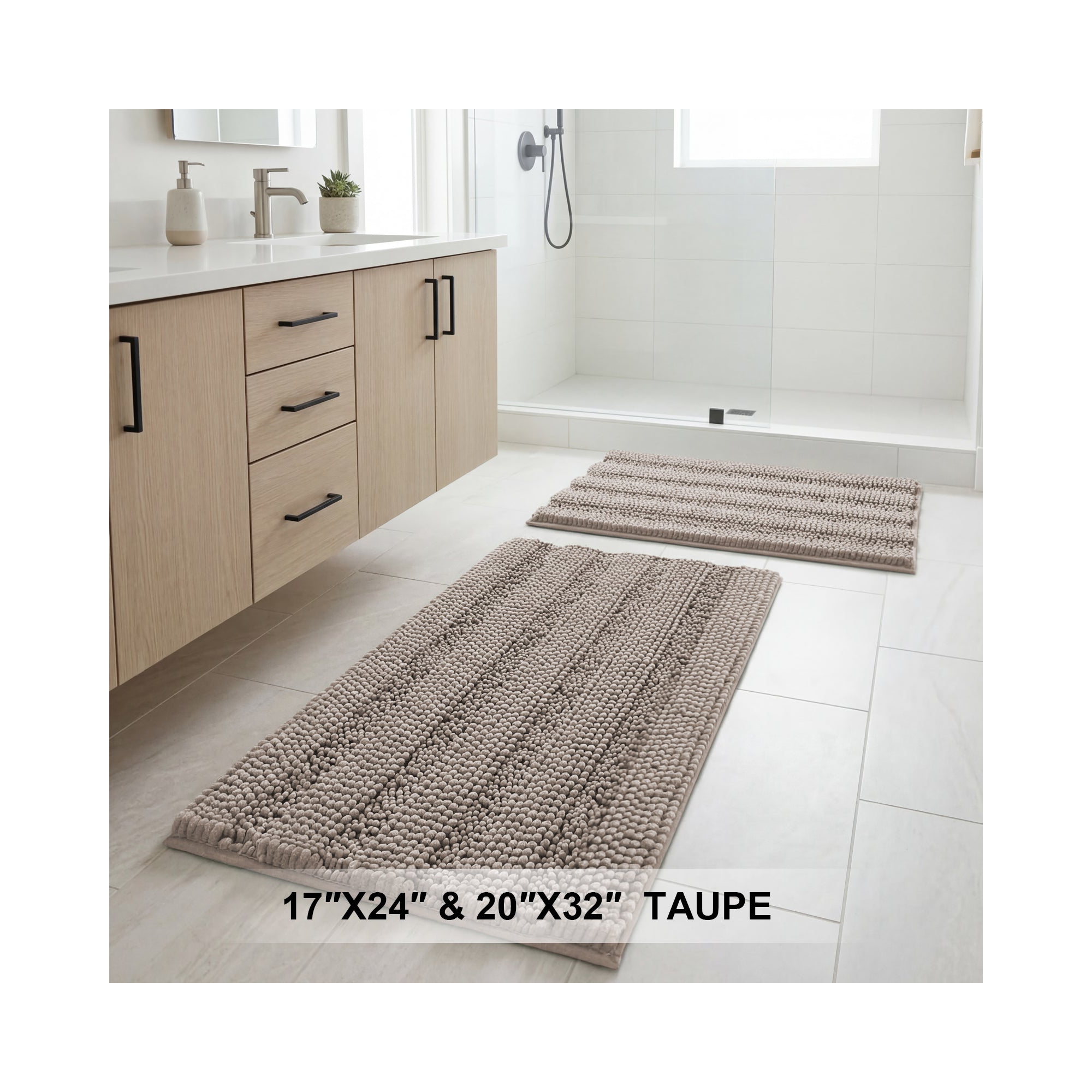 H.Versailtex 2 Pieces Extra Thick Chenille Striped Pattern Shaggy Bath Rugs Include 1 Rectangle and 1 Toilet Rug KHAKI 32"x20"/24"x17"