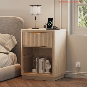 Fluted Nightstand w/ Charging Station, Mid Century Modern Fluted Nightstand, Wooden Night Stand, Modern End Table w/ Curved Corners - 1 of 4