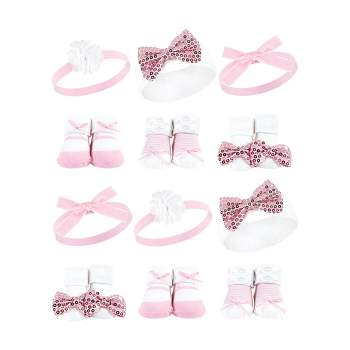 Hudson Baby Infant Girl 12Pc Headband and Socks Giftset, Pink Sequin, One Size
