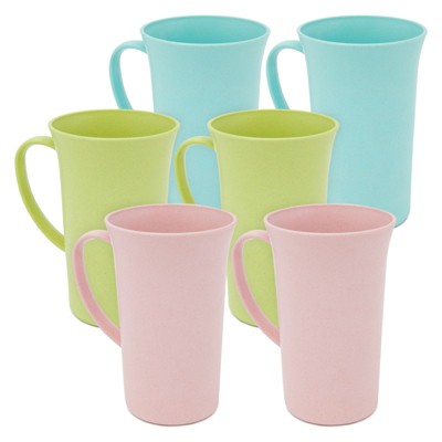 Okuna Outpost Set of 6 Unbreakable Wheat Straw Mugs with Handle, Reusable Plastic Coffee Cups, 3 Colors, 15 oz