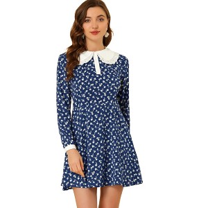 Allegra K Women's Contrast Peter Pan Collar Floral Long Sleeve Mini Dress - 1 of 4
