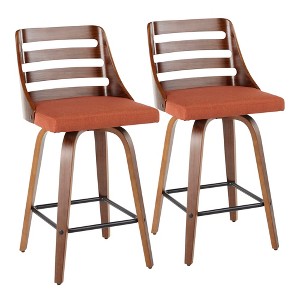 Mid-Century Modern Counter Stools with Slotted Curved Back and Padded Upholstered Seat (Set of 2) for Kitchen or Bar Area - 1 of 4
