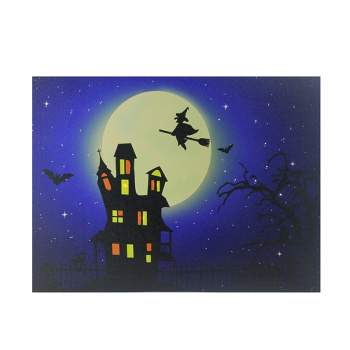 Northlight Fiber Optic and LED Lighted Witch in the Moon Halloween Canvas Wall Art 12" x 15.75"