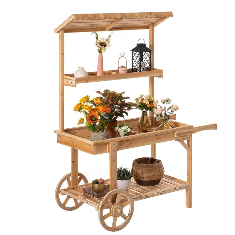 Vintiquewise Antique Solid Wood Decor Display Rack Cart Wood Plant Stands with Wheels for Decor Display | 2 Wheeled Wood Wagon with Shelves for Plants and More, 1 of 9