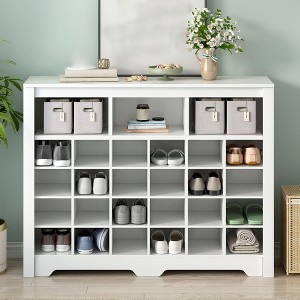 Modern 24 Shoe Cubby Console,Freestanding Shoe Cabinet Storage,Wooden Shoe Rack Organizer with Curved Base for Entryway Hallway Living Room Black - 1 of 4
