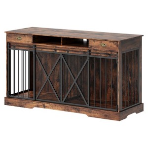 63'' Extra Large Double Dog Crate with Removable Divider, Heavy Duty Dog Kennel Furniture with 2 Drawers, Indoor Pet Cage TV Stand for 2 Pets, Brown - 1 of 4