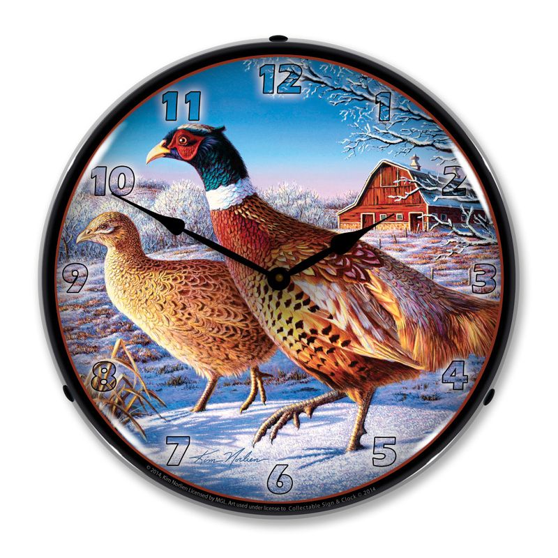 Collectable Sign & Clock | Frosty Morning Ringnecks Pheasants LED Wall Clock Retro/Vintage, Lighted, 1 of 6