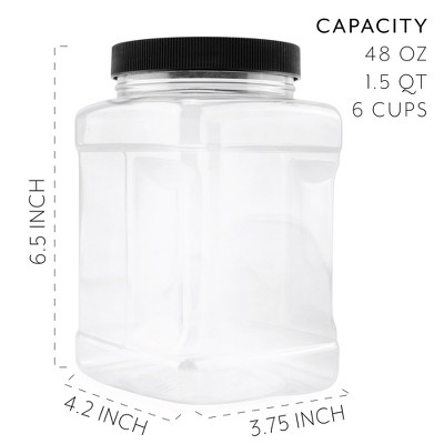 48oz Clear BPA-Free Plastic Square Jars with Black Clip-On Lids, Set of 3