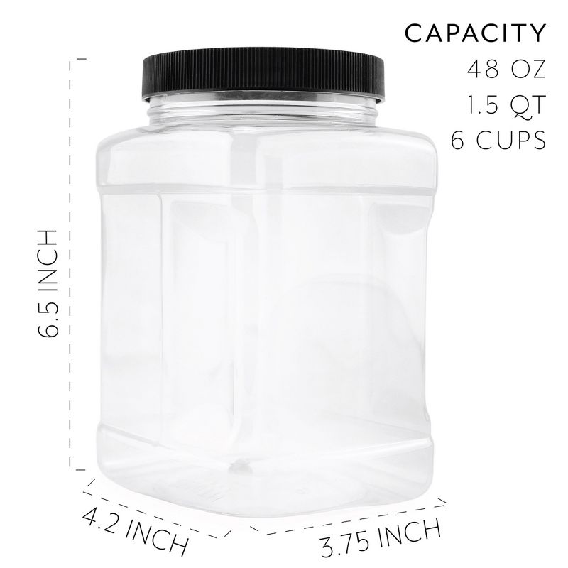 Cornucopia Brands 48oz Square Plastic Jars 3pk; Clear Rectangular 6-Cup Canisters w/ Black Lids, Easy-Grip Side, 2 of 7