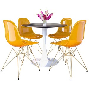 LeisureMod 5-Piece Dining Set with 35" Round Dining Table in White Iron Pedestal Base and 4 ABS Plastic Side Chair with Gold Base - 1 of 4