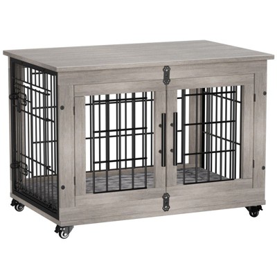 Gikpal Wooden Dog Crate Furniture, Stylish Dogs Kennel for Small to Extra Large, Double Door & A Cushion & 360°Wheel, Metal, Chew-Proof, Dog Cage