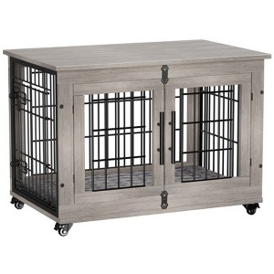 Gikpal Wooden Dog Crate Furniture, Stylish Dogs Kennel for Small to Extra Large, Double Door & A Cushion & 360°Wheel, Metal, Chew-Proof, Dog Cage - 1 of 4