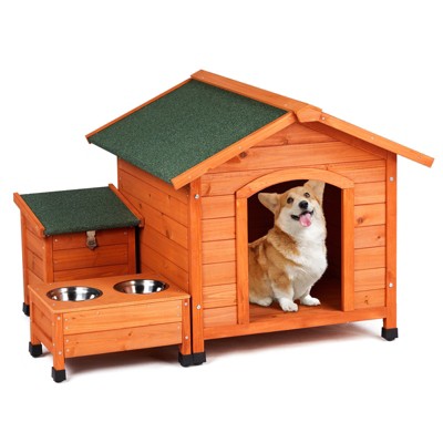 phiestina Wooden Feral Dog House, 32"x34.5"x29.5", with Food Bowl & Storage Bucket for Indoor/Outdoor Use