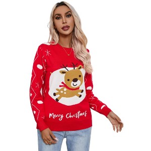 Clearlove Ugly Christmas Sweater Funny for Women 2025 Crew Neck Long Sleeve Reindeer Snowflakes Knitted Pullover Sweaters - 1 of 4