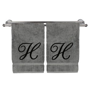 BC BARE COTTON Monogrammed Hand Towel, 100% Turkish Cotton - Set of 2 - Gray - Black Script - 1 of 4