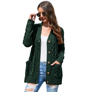 Clearlove Classic Comfort Women's Cable Knit Cardigan Sweater with Pockets Oversized Button Front Cozy Long Sleeve Cover Up - 1 of 4