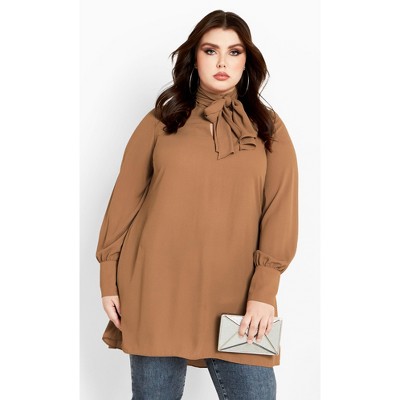 Women's Plus Size Neck Tie Tunic - caramel | CITY CHIC