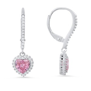 Sterling Silver Heart-cut Birthstone CZ Halo Leverback Earrings - 1 of 2