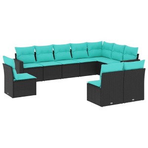 vidaXL 10 Piece Patio Sofa Set with Cushions Black and Blue Poly Rattan - Without Table - 1 of 4
