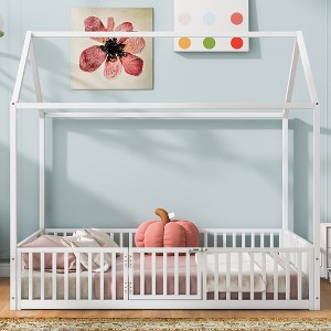 Bellemave Full Size Floor Bed with Door and Fence, Metal Montessori Bed with Roof/House Floor Bed for Kids(Full White) - 1 of 4