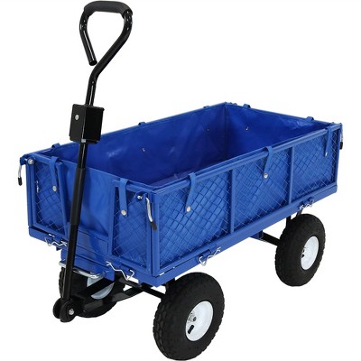 Sunnydaze Outdoor Lawn and Garden Heavy-Duty Steel Dump Cart with Removable Sides and Weather-Resistant Polyester Liner - Blue