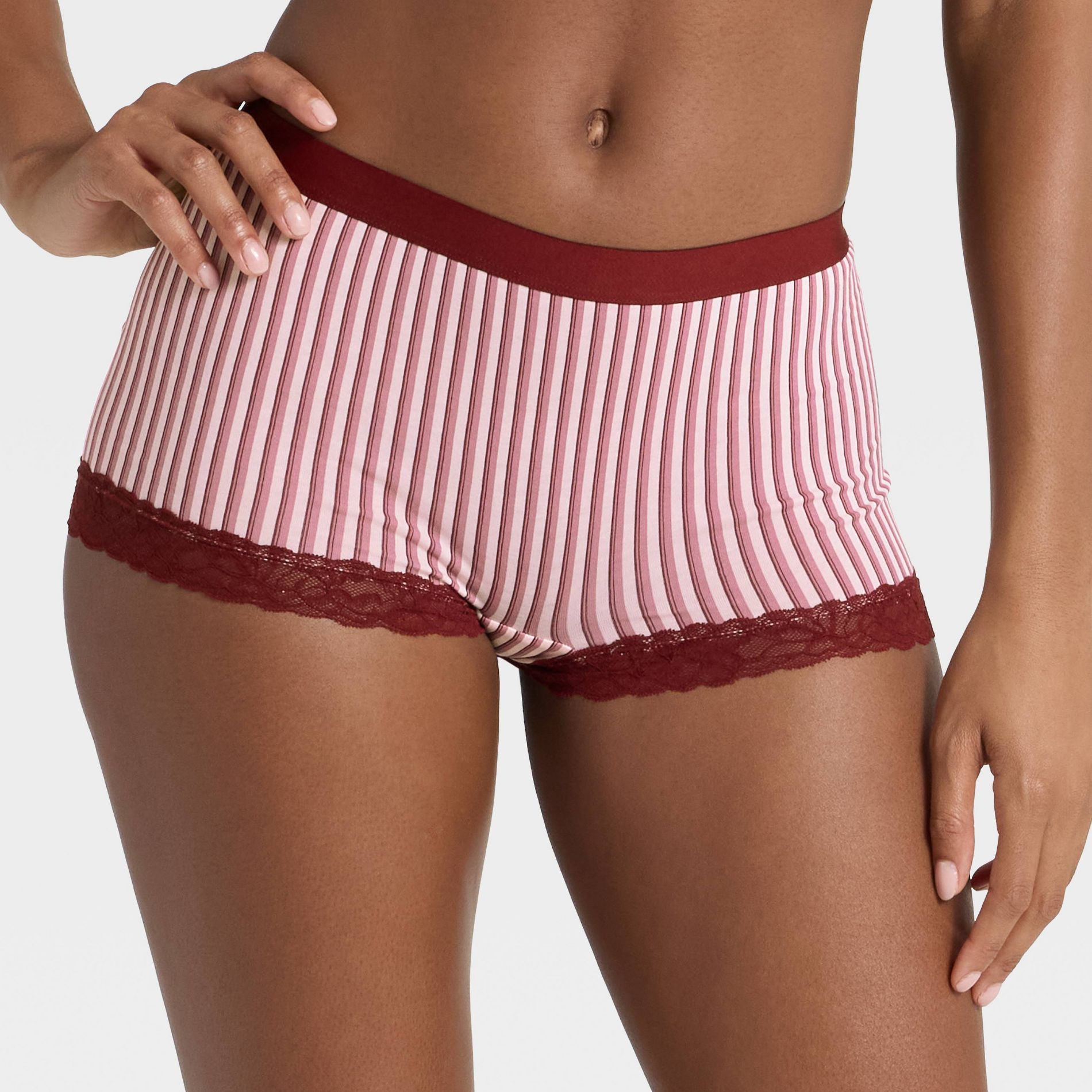 Women's Striped Cotton Blend Boy Shorts Underwear with Lace - Auden™ Berry Red XS