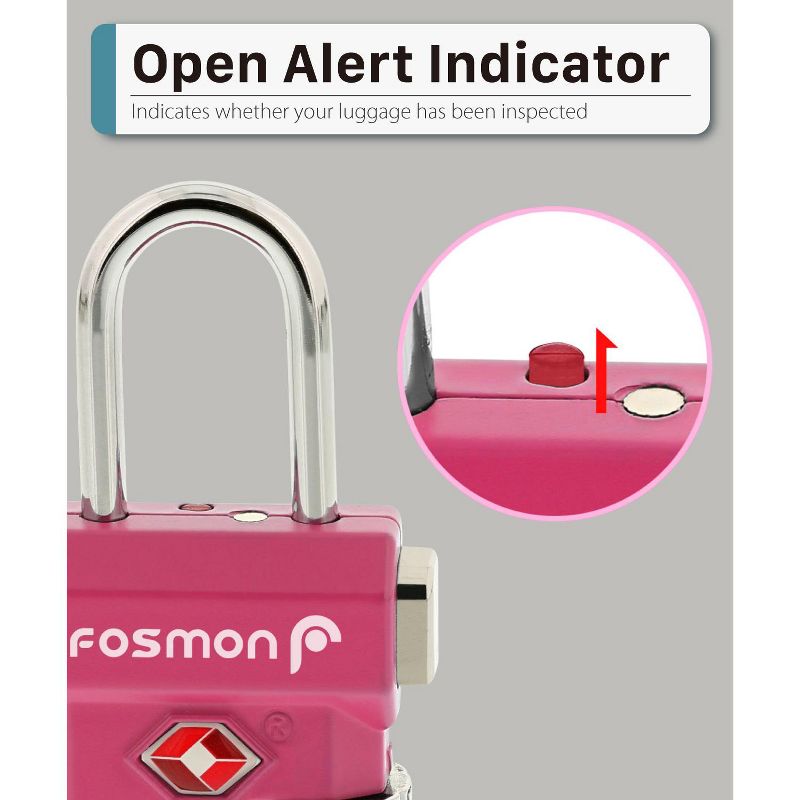 Fosmon 4-Pack TSA Accepted 3-Digit Combination Luggage Lock with Unlock Button, Open Alert Indicator - Black, Blue, Pink, and Silver, 5 of 9