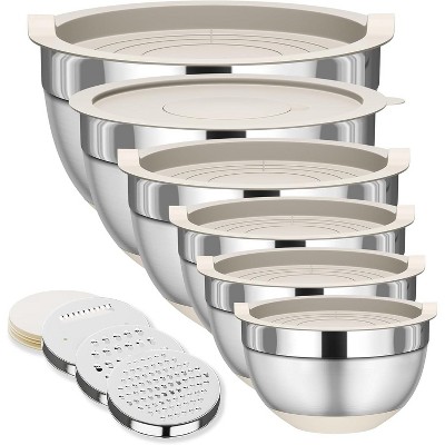 BRINJOY Mixing Bowls with Lids Set, 6 Piece Stainless Steel Nesting Storage Bowls for Kitchen, with Grater Attachments & Non-Slip Bottoms