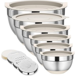 BRINJOY Mixing Bowls with Lids Set, 6 Piece Stainless Steel Nesting Storage Bowls for Kitchen, with Grater Attachments & Non-Slip Bottoms - 1 of 4