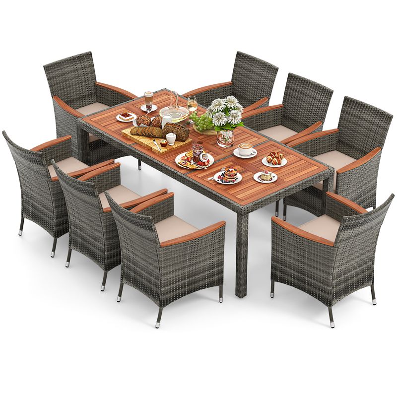 Costway 9PCS Patio Rattan Dining Set Acacia Wood Table Cushioned Chair Mix Gray, 2 of 11