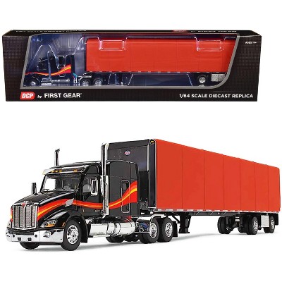 Peterbilt 579 with 72" Mid-Roof Sleeper and 53' Utility RollTarp Trailer Black and Red 1/64 Diecast Model by DCP/First Gear