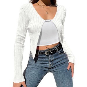 Coolmee Women's Crop Top Open Front Long Sleeve Rib Knit Shrug Sweaters Cardigan - 1 of 4