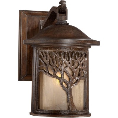 John Timberland Mission Outdoor Wall Light Fixture Bronze Tree Motif 12 1/4" Amber Glass Lantern for Exterior House Porch Patio