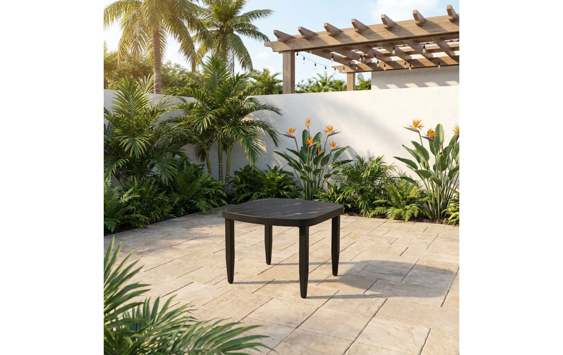 23.6" Modern Patio End Table, Marble-Look Black Sintered Stone Top with Aluminum Frame, Weather-Resistant Side Table for Patio Use-Panipeachy