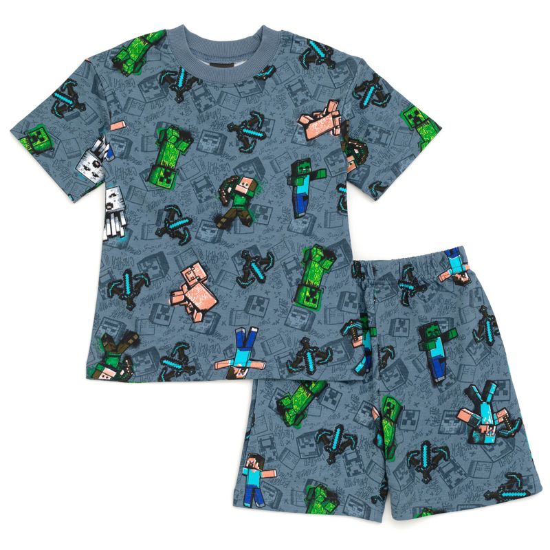 Minecraft Creeper Zombie Steve French Terry T-Shirt and Bike Shorts Outfit Set Little Kid to Big Kid, 1 of 8