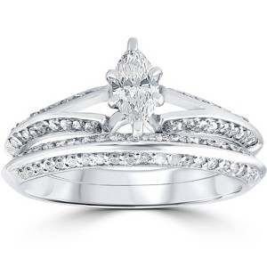 Pompeii3 3/4 ct Marquise Diamond Engagement Wedding Ring Set 14k White Gold - 1 of 3