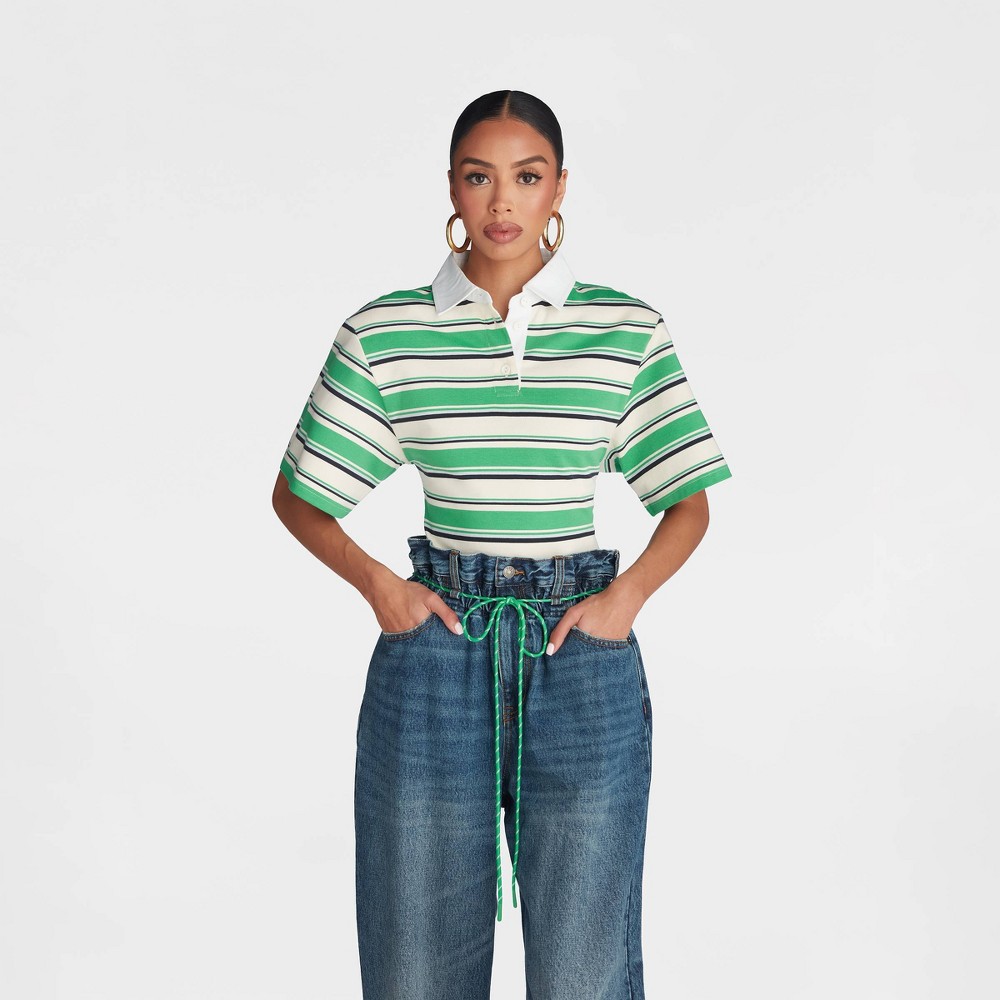 KBB by KAHLANA Women's Short Sleeve 'The Fitted Rugby Shirt' - Green Striped S