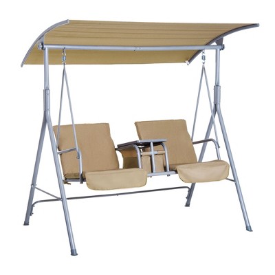 Outsunny 2 Person Porch Swing with Stand, Outdoor Swing with Canopy, Pivot Storage Table, 2 Cup Holders, Cushions for Patio, Backyard