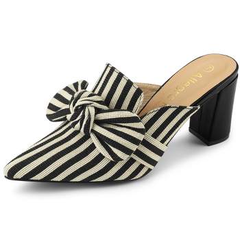 Allegra K Women's Stripe Bow Pointed Toe Block Heel Mules